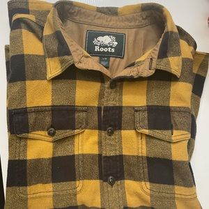 ROOTS yellow, black, brown 100% cotton plaid button down shirt shacket
